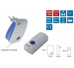 Zvonek bezdrátový H-228/T dosah 100m, bílá, napájení 230V