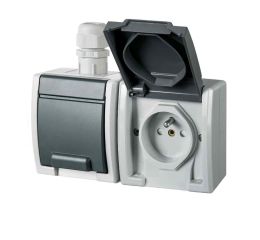 ATLAS IP65 Zásuvka 2x 2P+PE, 2-násobná vodorovná s vývodkou M20, na povrch, šedá typ 19183