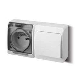 GALATEA IP44 Přepínač střídavý č.6+zásuvka 2P+PE (bílá / průhledné víčko) typ 5327-11 fama