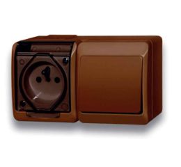 GALATEA IP44 Přepínač střídavý č.6+zásuvka 2P+PE (hnědá / průhledné víčko) typ 5327-19 famatel