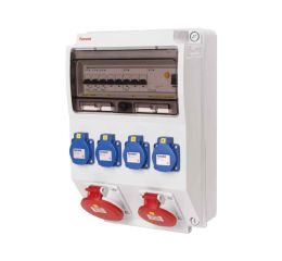 Zásuvková skříň IP54 4x230V/16A, 1x400V/16A/5p, 1x400V/32A/5p s jištěním 2xPL6-B16/1, 1xPL6-B16/3, 1xPL6-B32/3 a proudovým chráničem PF6-40/4/003-A 398x266x153mm Famatel ZSF40101000.1 /3959