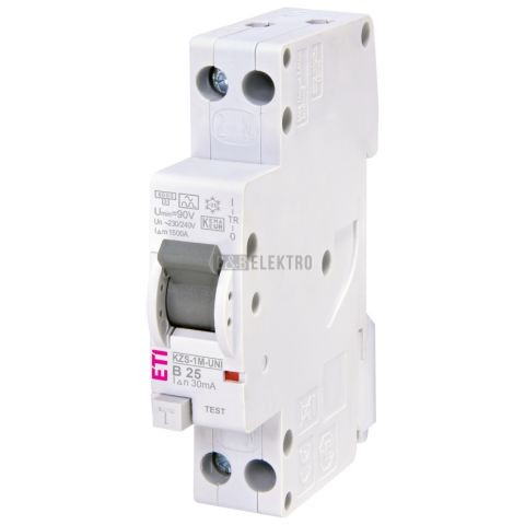 Proudový chránič s jističem 25A, KZS-1M UNI 1p+N A B25/0.03 6kA 30mA A ETI 002176026