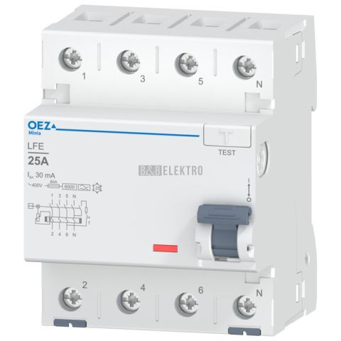Proudový chránič 25A, LFE-25-4-030A 30mA A čtyřpólový OEZ:46399
